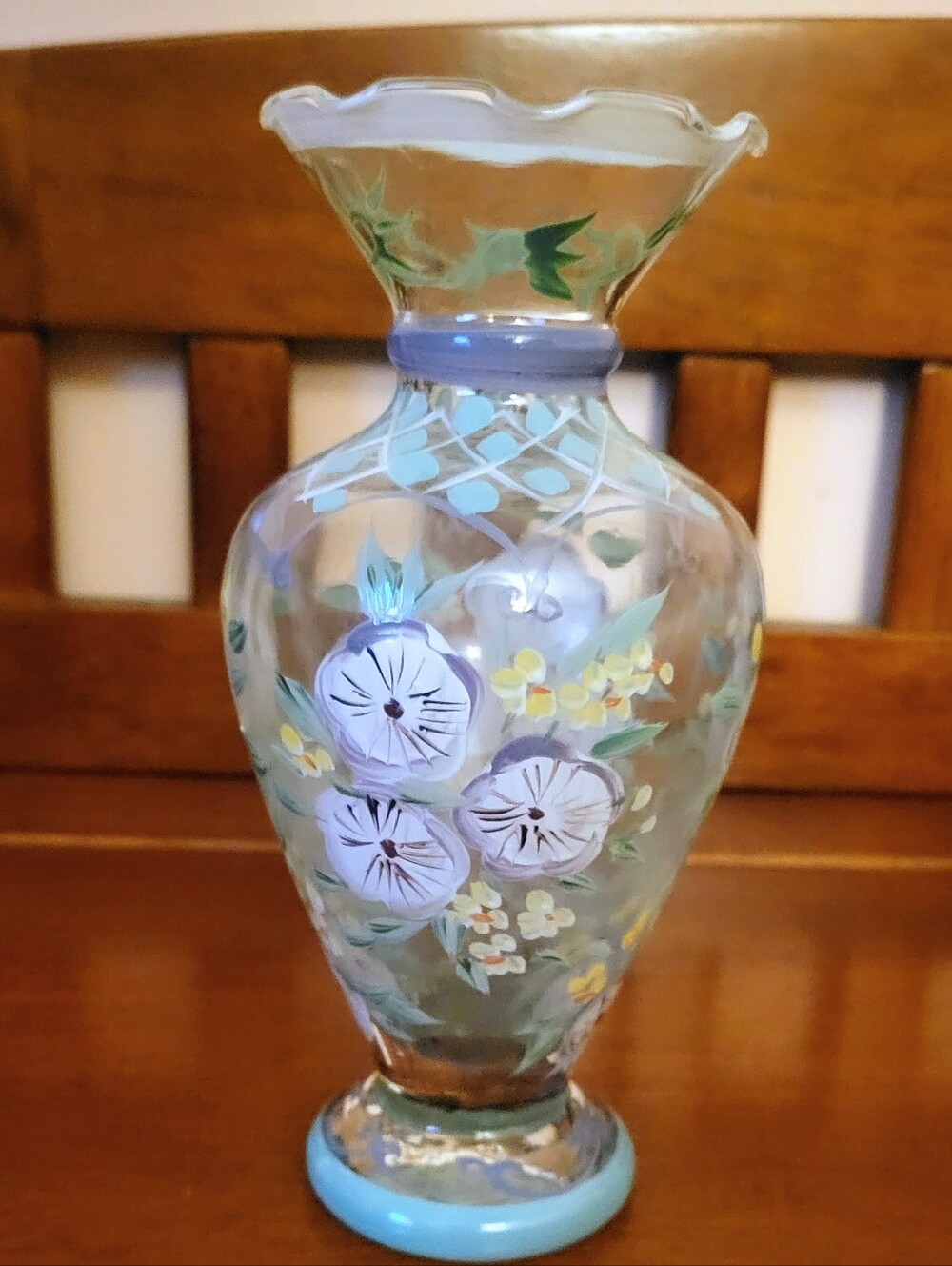 Tracy Porter Hand Painted Purple & Teal Bud Vase Glass Multi Floral 6.5" Vintage